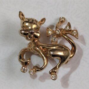 Castlecliff Vintage Gold Kitty Brooch With Rhinestones‎ & Bow Jeweled Cat Pin